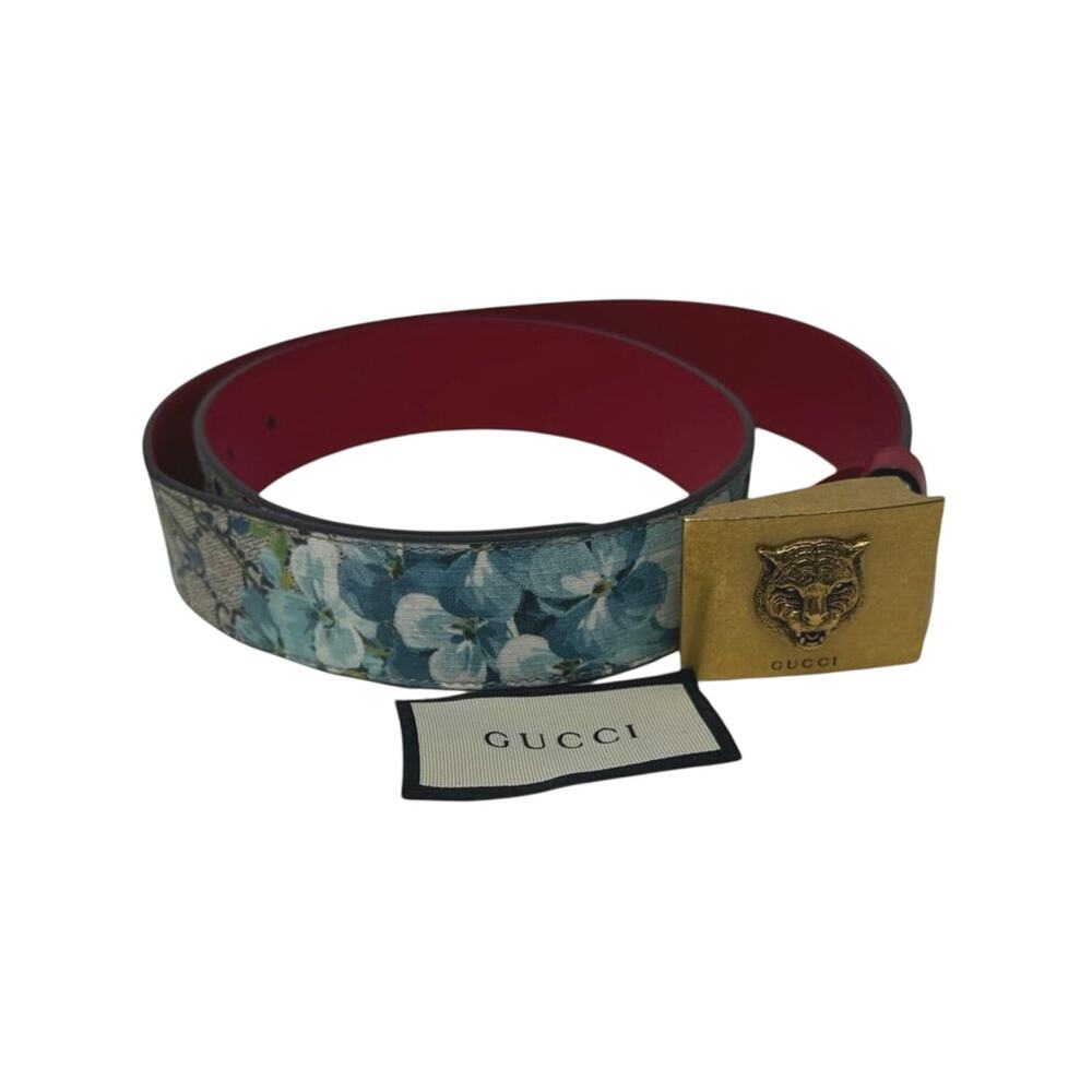 Gucci Blooms GG Supreme Belt Tiger Buckle Floral Canvas Red Leather 90/36 - Picture 2 of 7